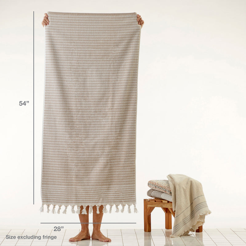 Longborough Bath Towel, Tan, with size info