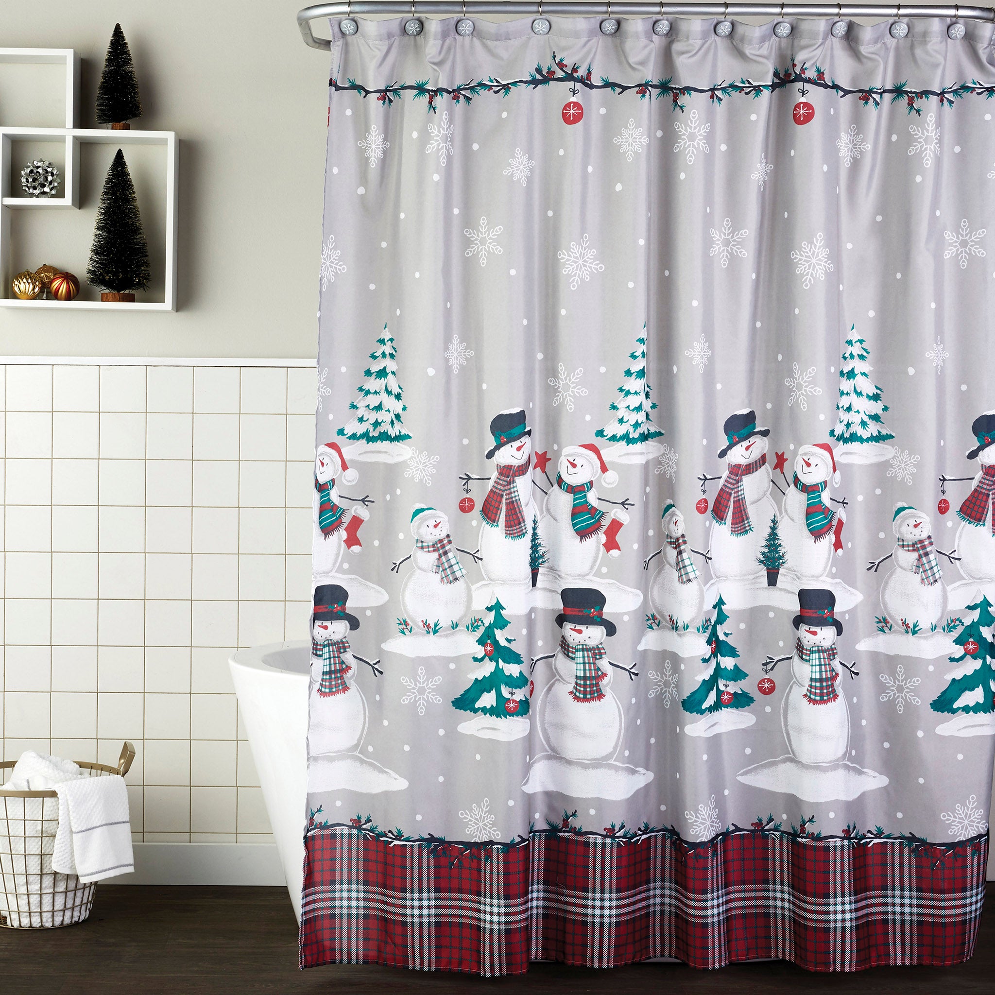 Plaid Snowman Shower Curtain & Hook Set, Gray, Lifestyle
