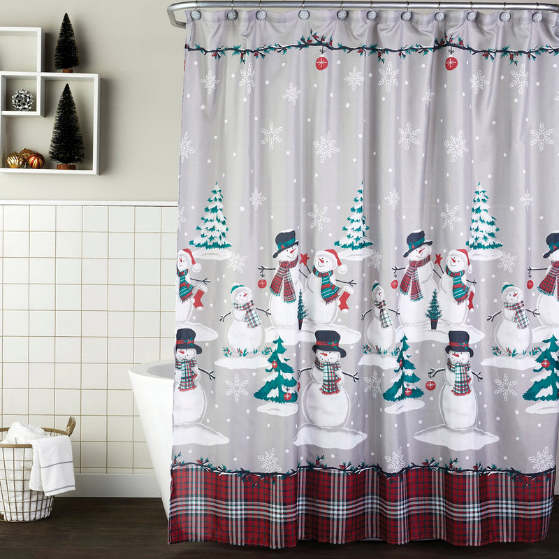 Plaid Snowman Shower Curtain & Hook Set, Gray, Lifestyle
