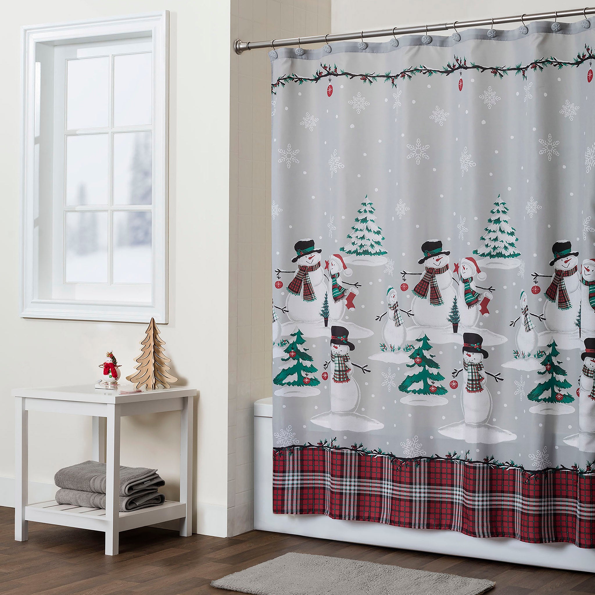 Plaid Snowman Shower Curtain & Hook Set, Gray, Lifestyle