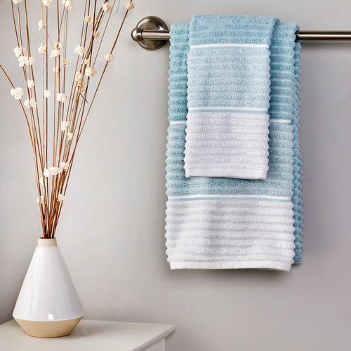 Planet Ombre Towels, Aqua, displayed on towel rack