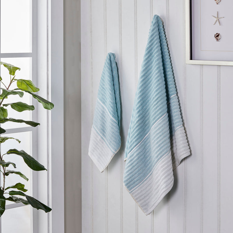 Planet Ombre Towels, Aqua, Lifestyle, displayed on hooks