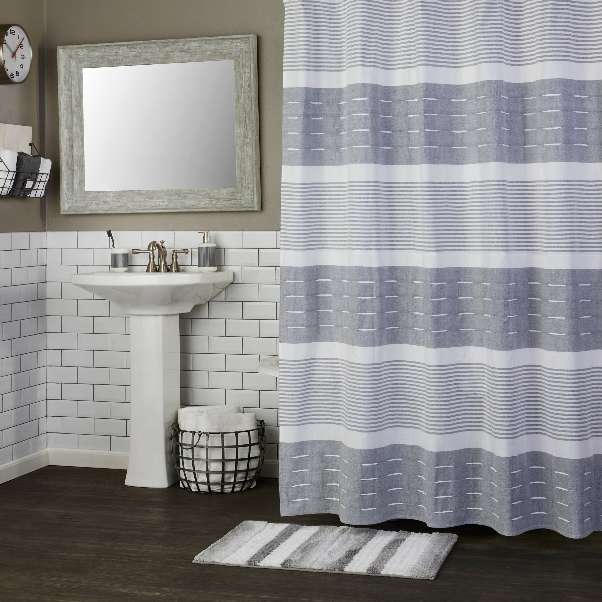 Pleated Stripe Fabric Shower Curtain, Dove Grey