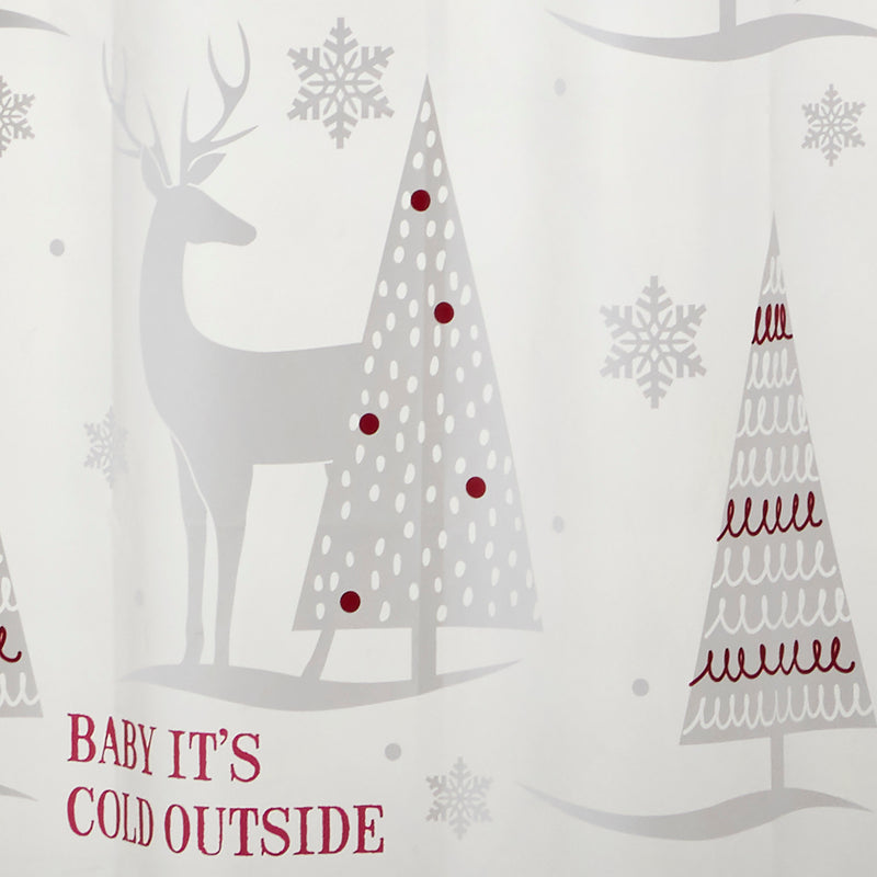 Reindeer Woods Vinyl Shower Curtain, Frosted White/Red, detail