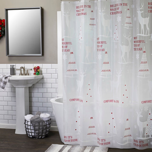 Reindeer Woods Vinyl Shower Curtain, Frosted White/Red, Lifestyle