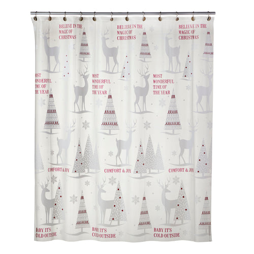 Reindeer Woods Vinyl Shower Curtain, Frosted White/Red