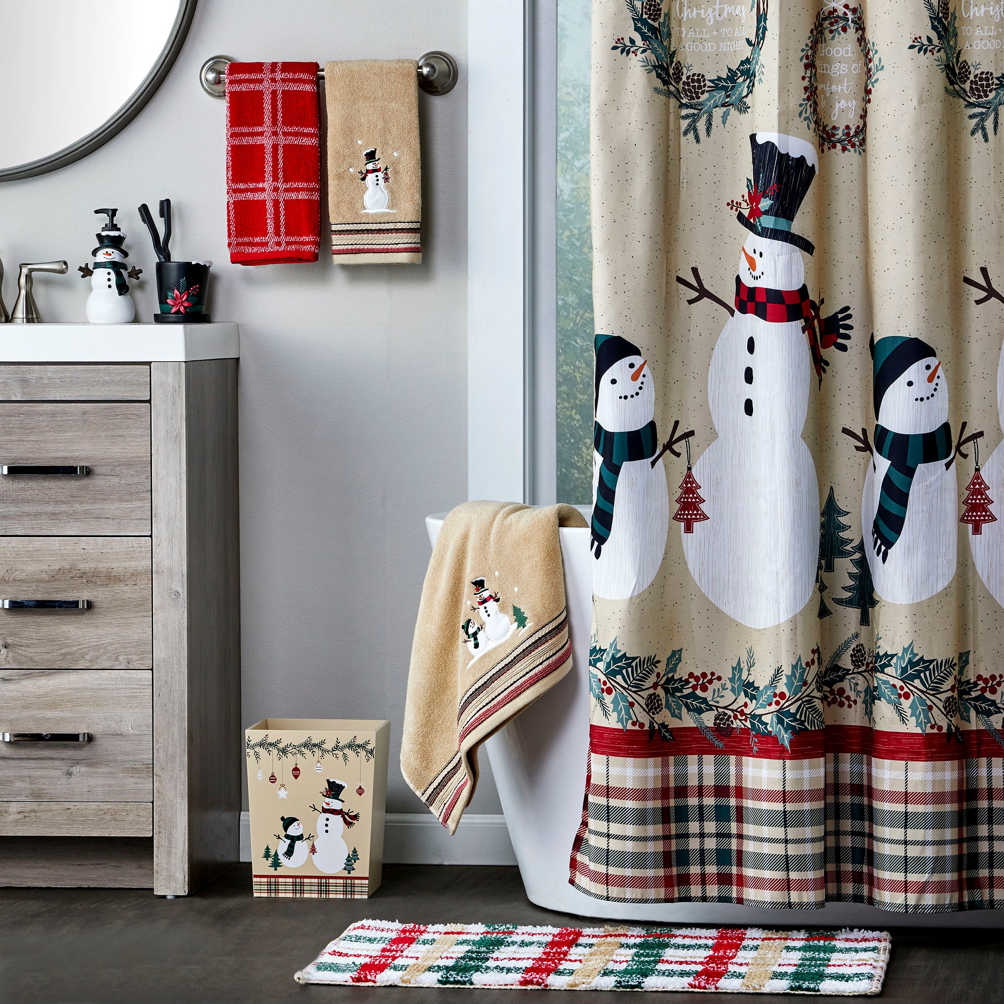 Rustic Plaid Snowman Toothbrush Holder, Black, Lifestyle, displayed in bathroom