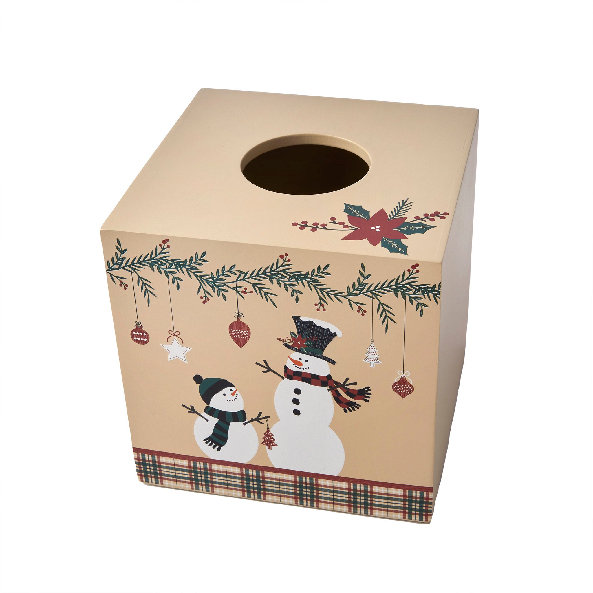 Rustic Plaid Snowman Tissue Dispenser, Tan Multi, top view