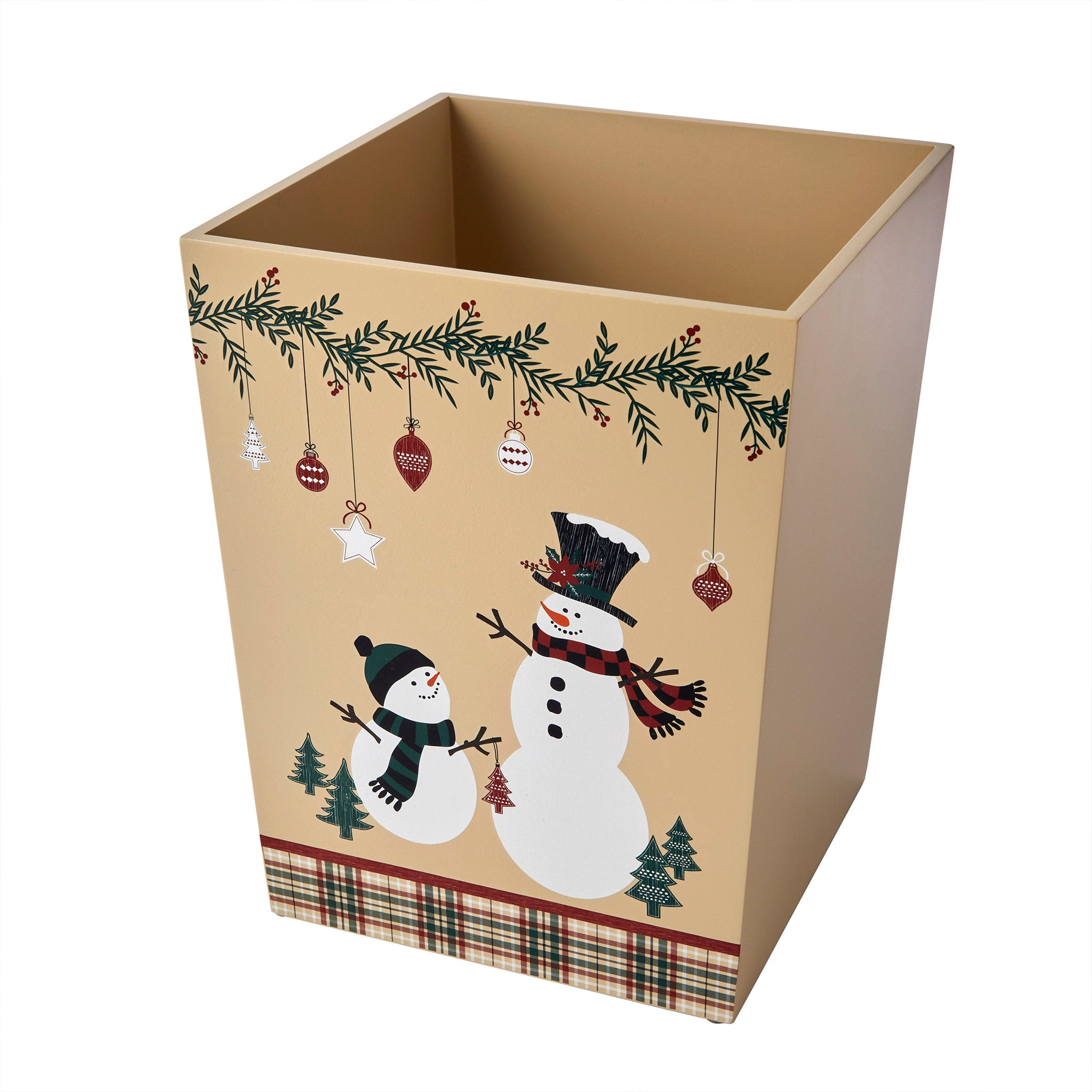 Rustic Plaid Snowman Waste Basket, Tan Multi