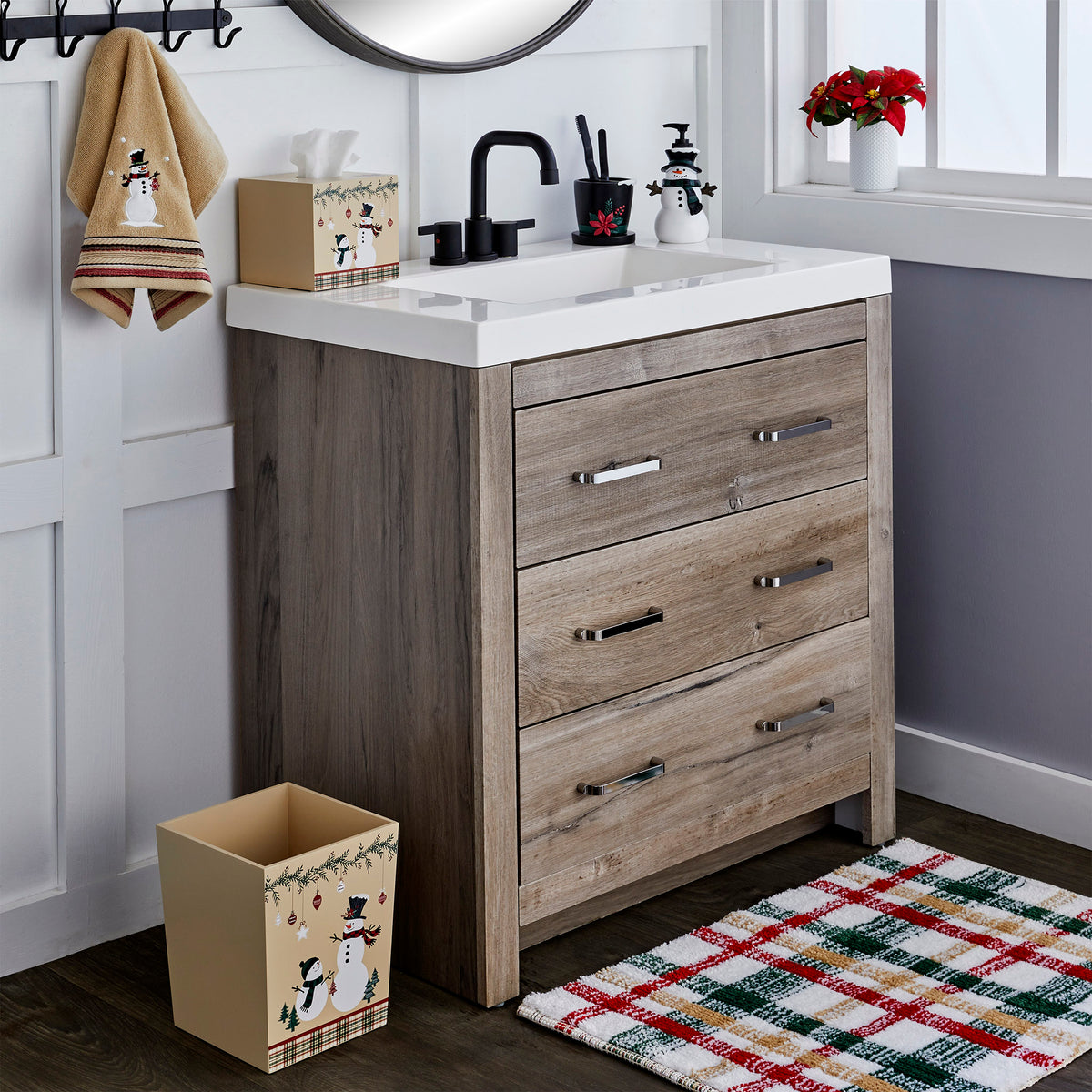 Rustic Plaid Snowman Waste Basket, Tan Multi, Lifestyle