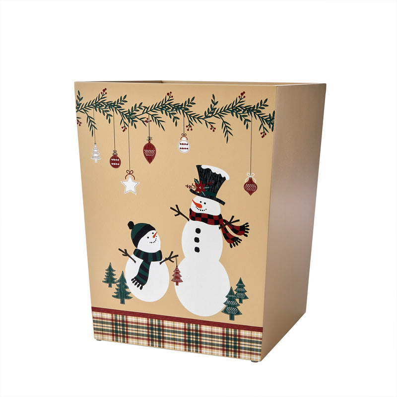 Rustic Plaid Snowman Waste Basket, Tan Multi