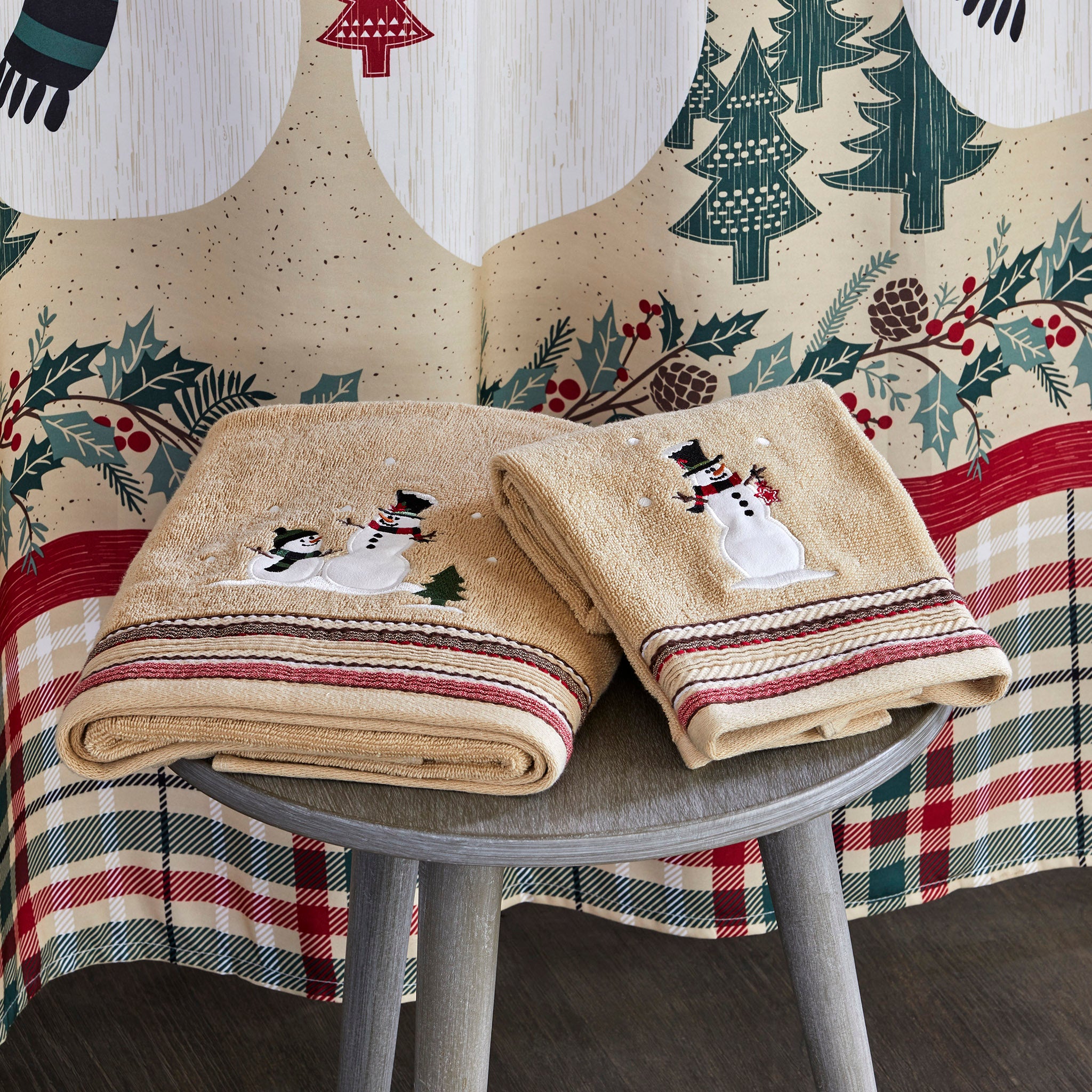 Rustic Plaid Snowman Towels, Wheat, Lifestyle, displayed in bathroom