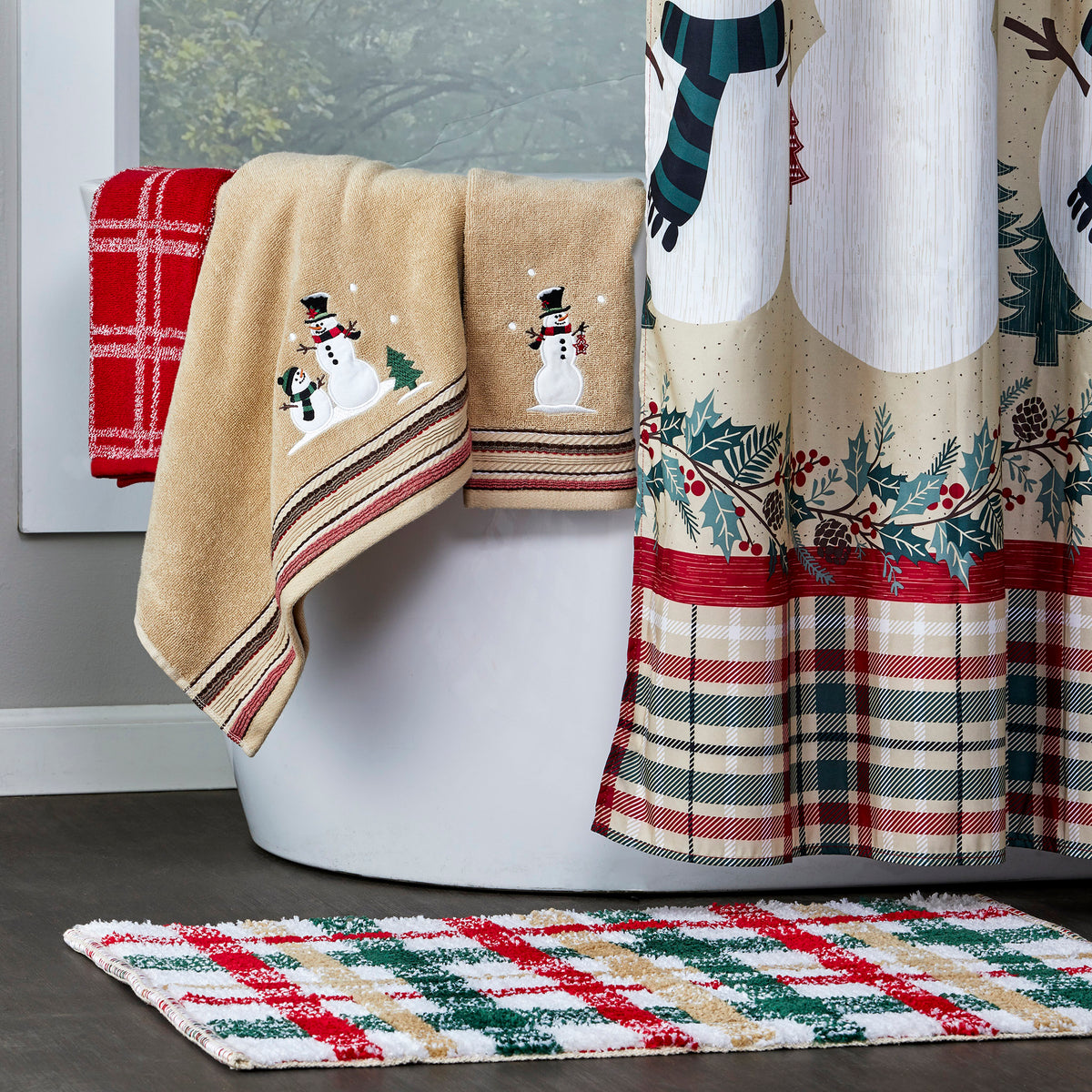 Rustic Plaid Snowman Towels, Wheat, Lifestyle, displayed in bathroom