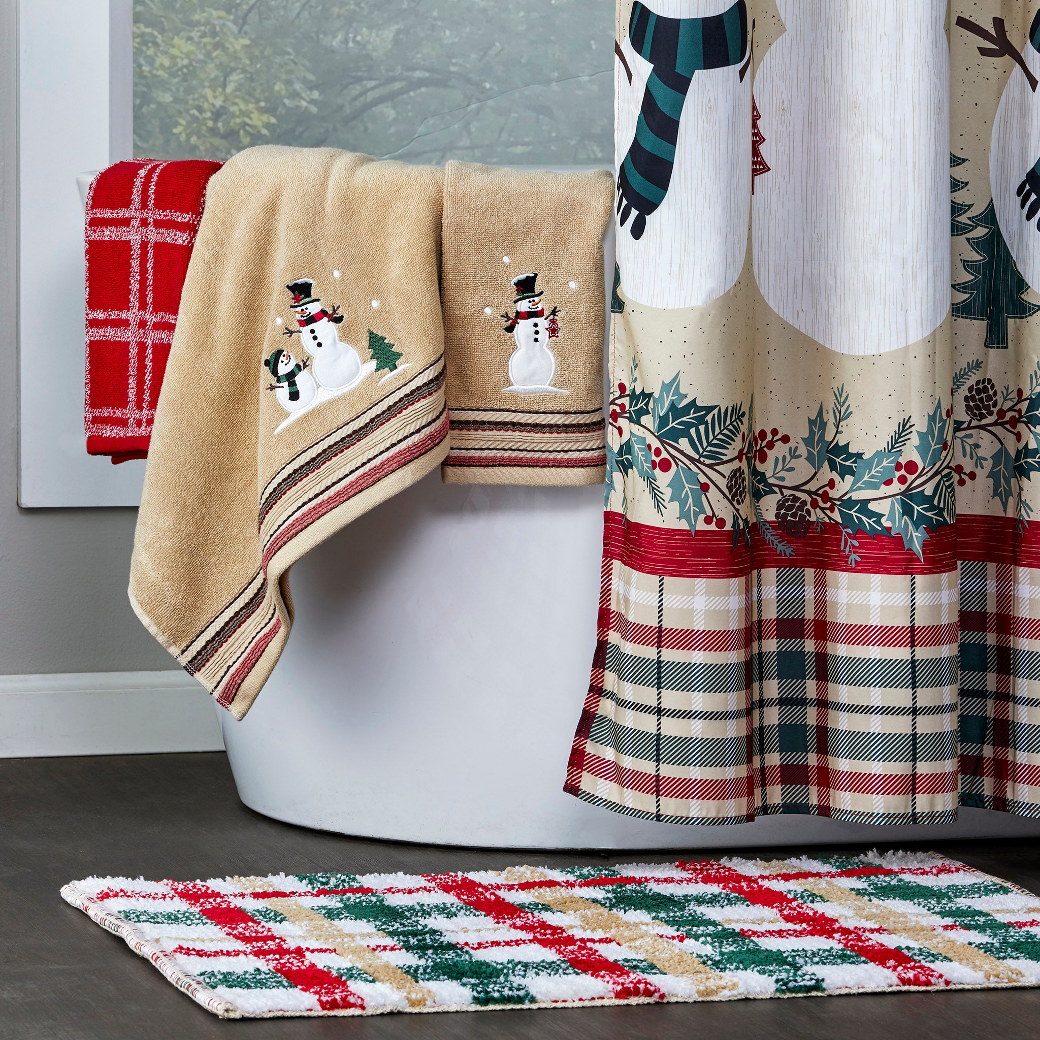 Rustic Plaid Snowman Towels, Wheat, Lifestyle, displayed in bathroom