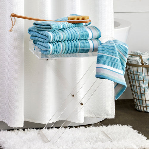 Seabrook Stripe Towels, Teal, Lifestyle on table