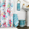 Seabrook Stripe Towels, Teal, Lifestyle, towels in basket, hanging and on bathtub