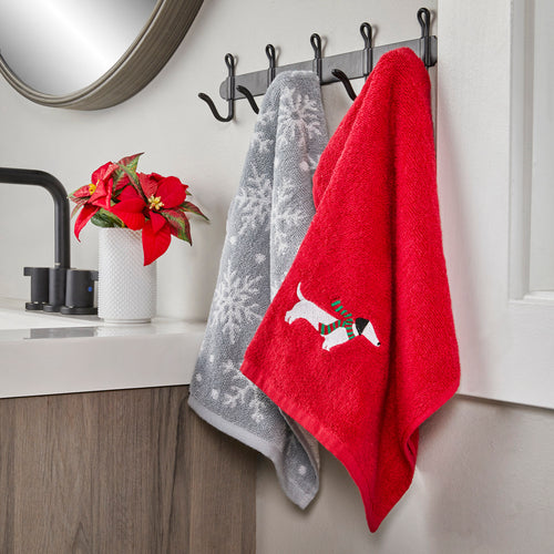 Snow Many Dachshunds 2-Piece Hand Towel Set, Red/Gray, Lifestyle