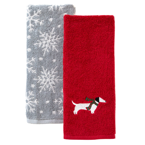 Snow Many Dachshunds 2-Piece Hand Towel Set, Red/Gray