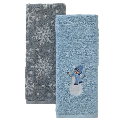 Snowman Sled 2-Piece Hand Towel Set, Blue/Gray