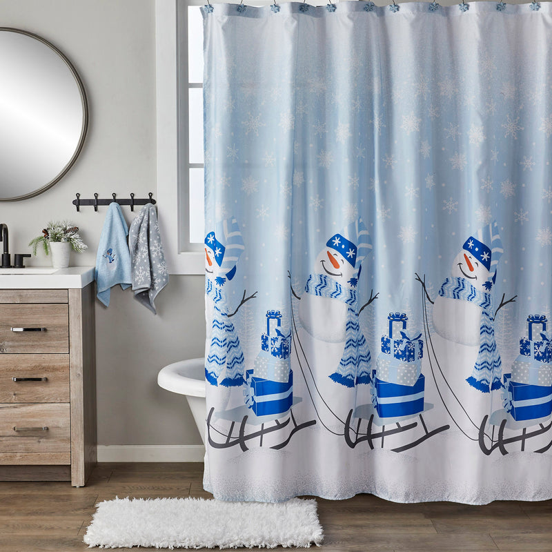 Snowman Sled Shower Curtain & Hook Set, Blue, Lifestyle