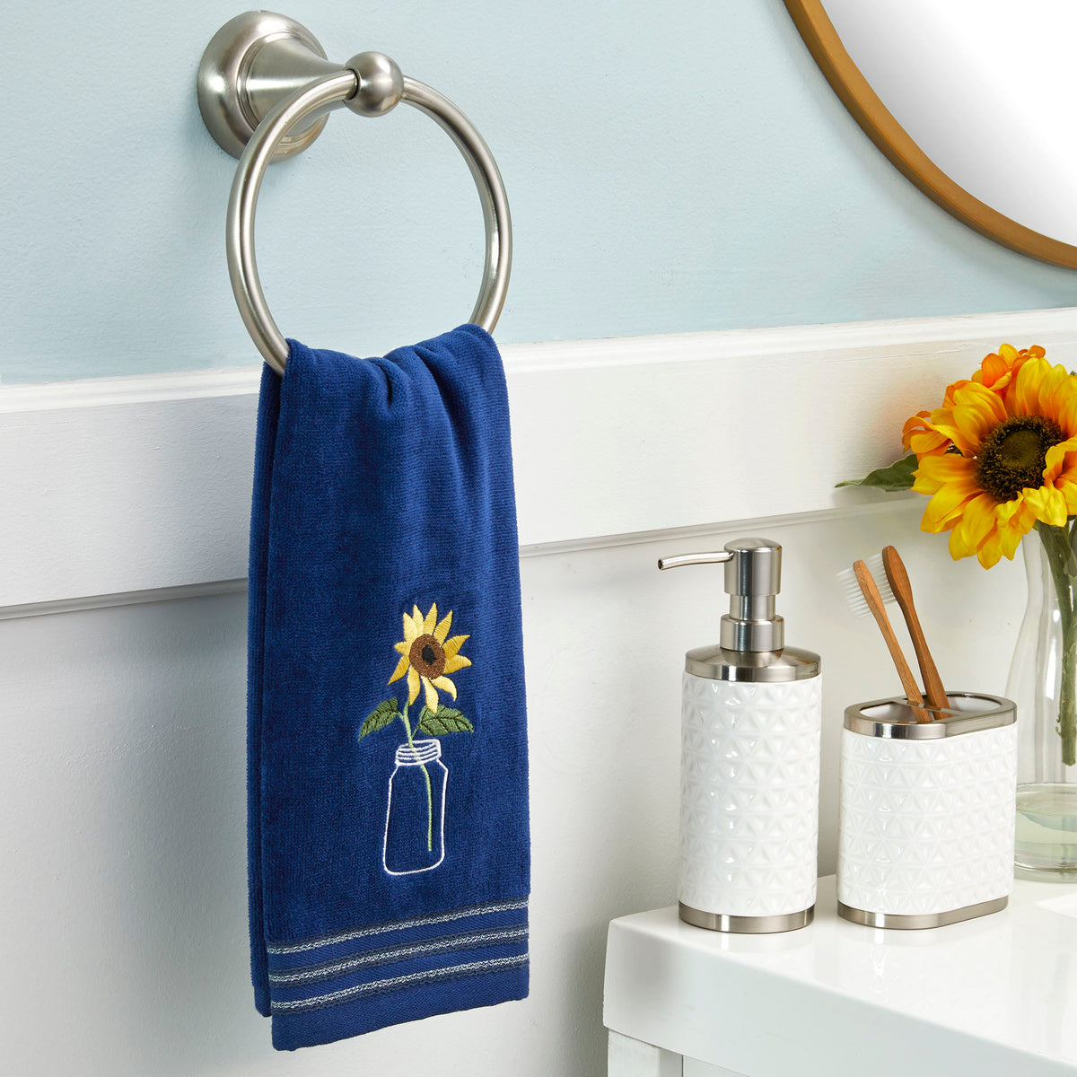  Sunflower In Jar Hand Towel, Blue, Lifestyle, displayed on towel ring