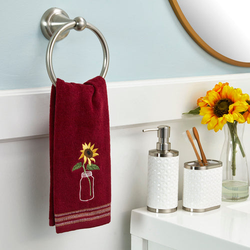 Sunflower In Jar Hand Towel, Wine, Lifestyle, displayed on towel ring
