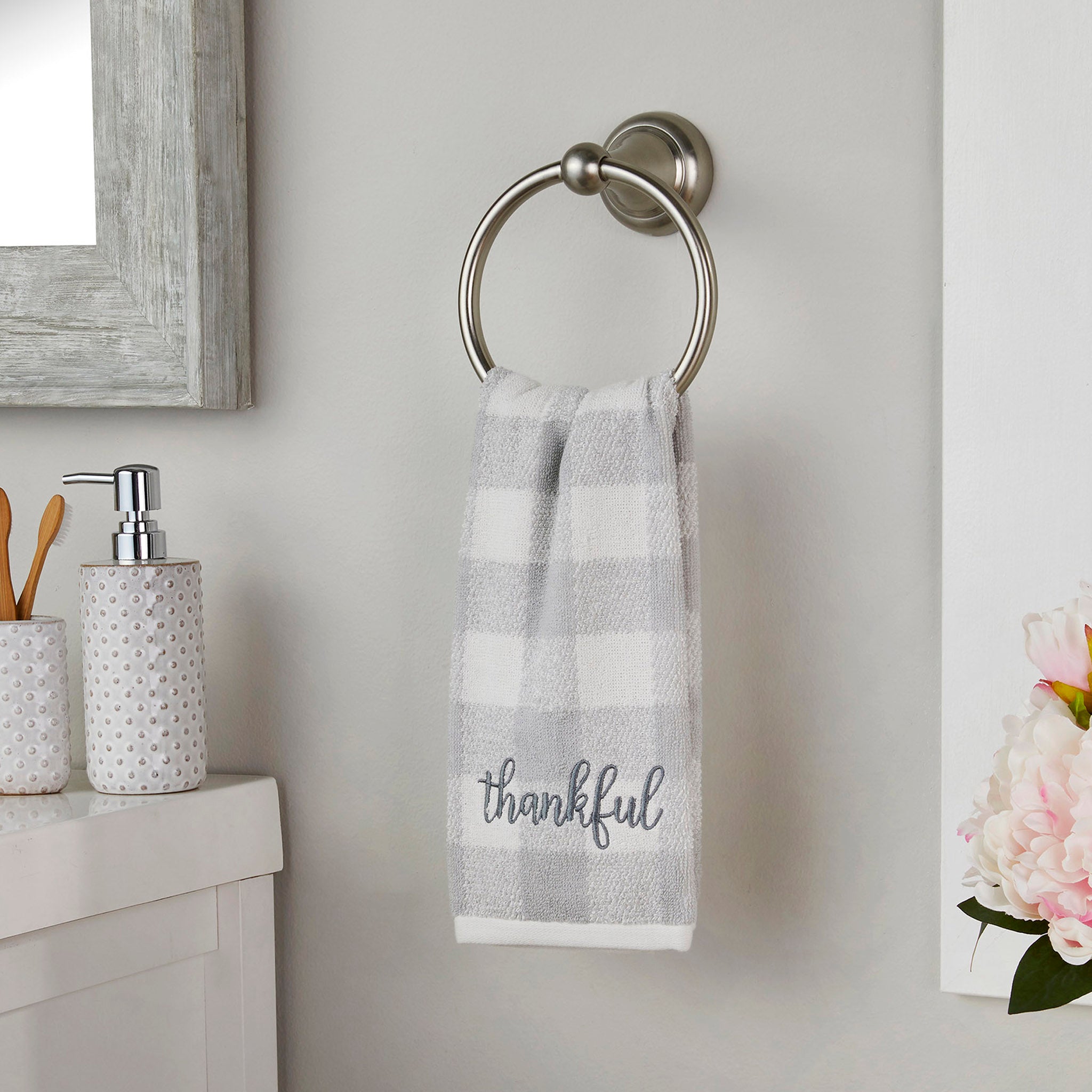 Thankful Plaid Hand Towel, Gray, LIfestyle, displayed on towel ring