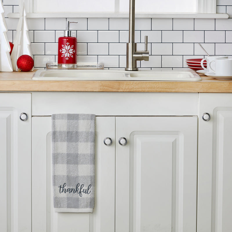 Thankful Plaid 2-Piece Hand Towel Set, Gray, lifestyle, displayed in Kitchen