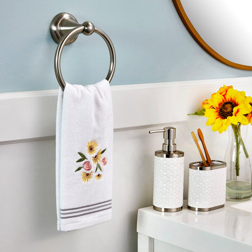 Tossed Flowers Hand Towel, White, lifestyle, displayed on towel ring