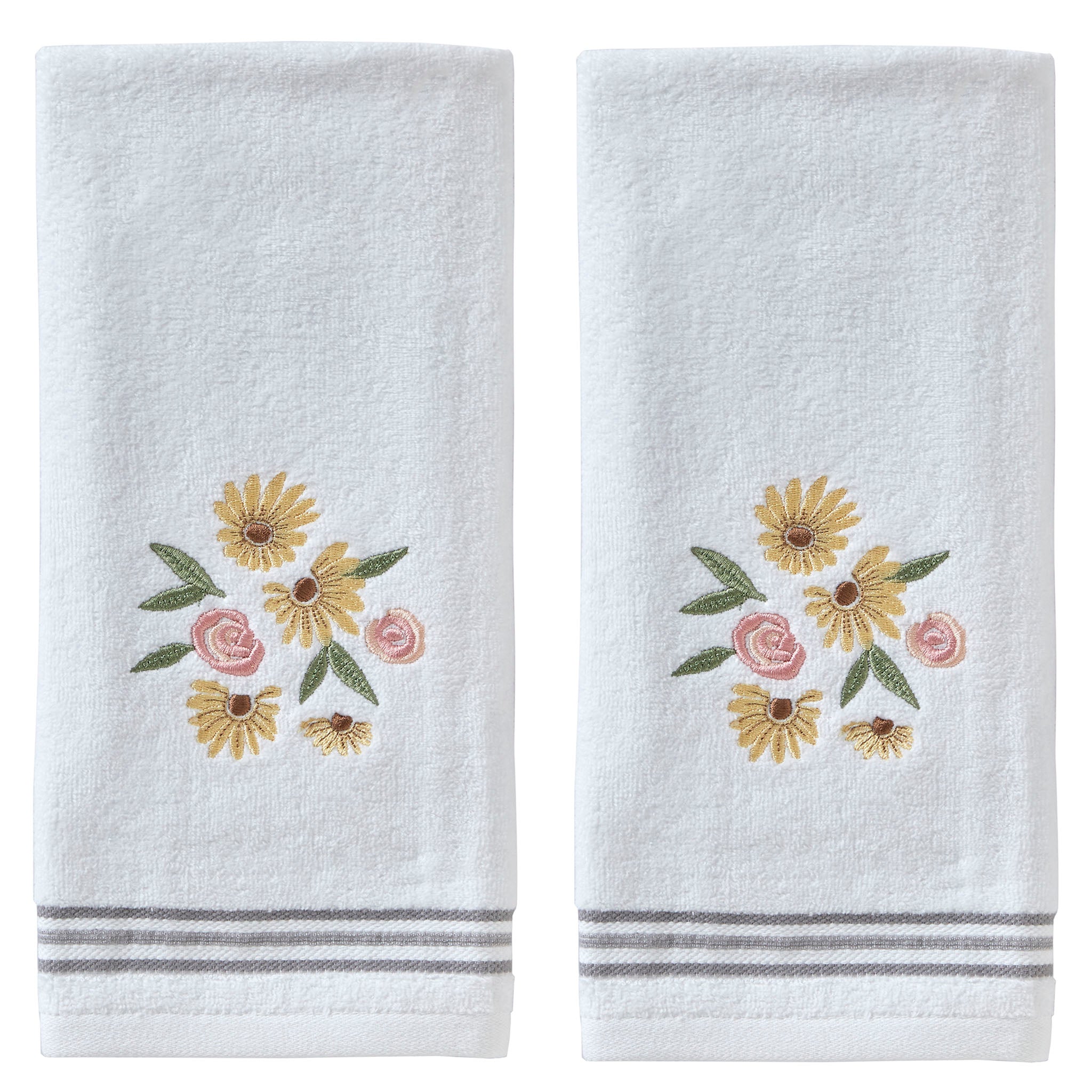 Tossed Flowers 2-piece Hand Towel Set, White