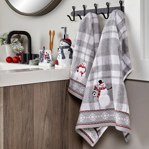 Whistler Snowman Bath Towel, Gray, Lifestyle, displayed on hooks
