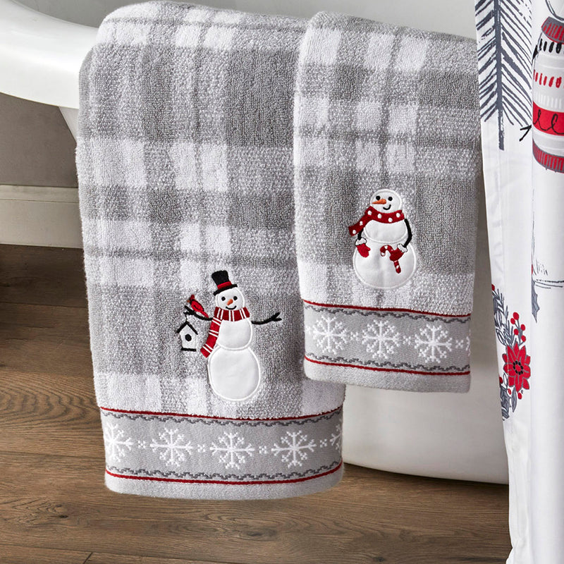 Whistler Snowman 2-Piece Hand Towel Set, Gray, Lifestyle, displayed on side of bathtub