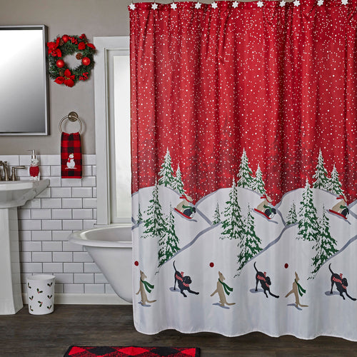 Winter Dogs Shower Curtain & Hook Set, Red, Lifestyle